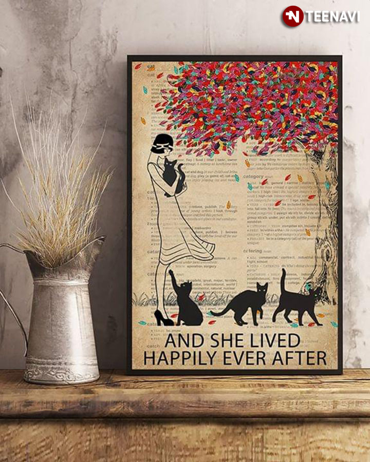 Dictionary Theme Vintage Girl With Black Cats Under Colourful Tree And She Lived Happily Ever After