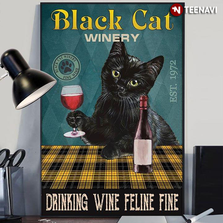 Vintage Black Cat Winery Est.1972 Drinking Wine Feline Fine