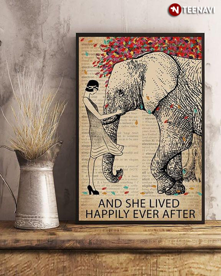 Dictionary Theme Vintage Girl With Elephant Under Colourful Tree And She Lived Happily Ever After