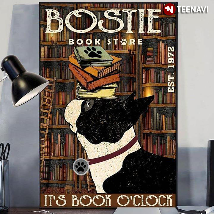 Vintage Boston Terrier Bostie Book Store Est.1972 It's Book O'clock