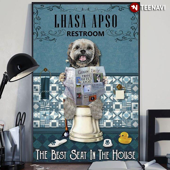 Vintage Lhasa Apso On Toilet Seat Reading Newspaper Canine Daily Lhasa Apso RestroomThe Best Seat In The House