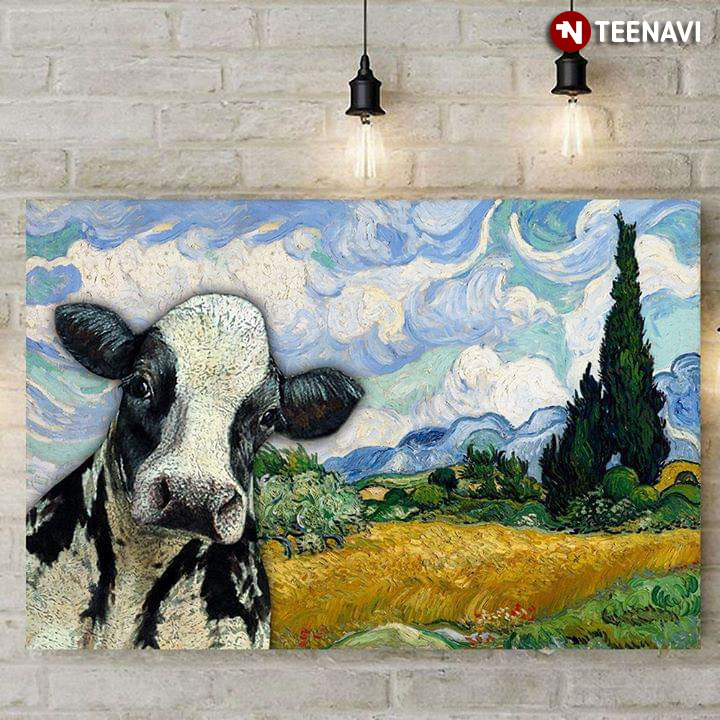 Black & White Cow In Wheat Field With Cypresses Vincent Van Gogh