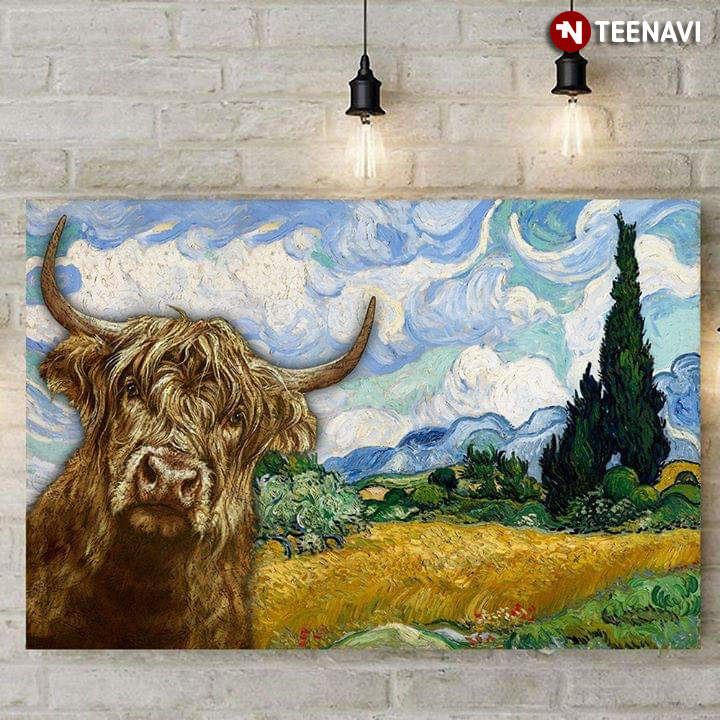 Highland Cow In Wheat Field With Cypresses Vincent Van Gogh