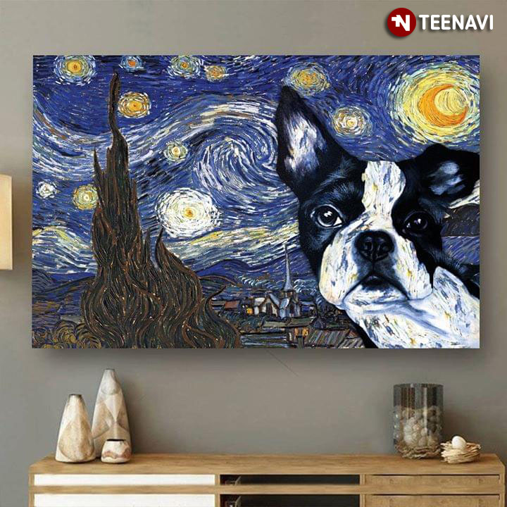 Black & White French Bulldog In The Starry Night Vincent Van Gogh