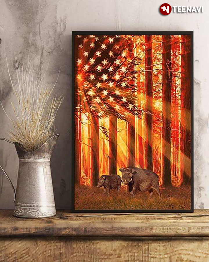 Wild Boar In The Forest & American Flag