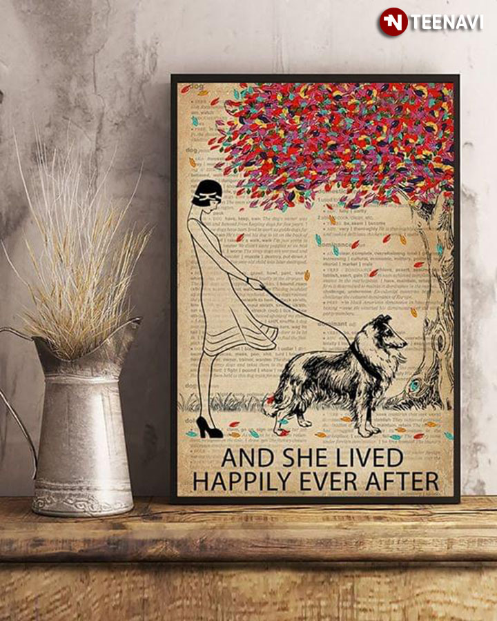 Dictionary Theme & Colourful Tree Vintage Girl With Rough Collie And She Lived Happily Ever After