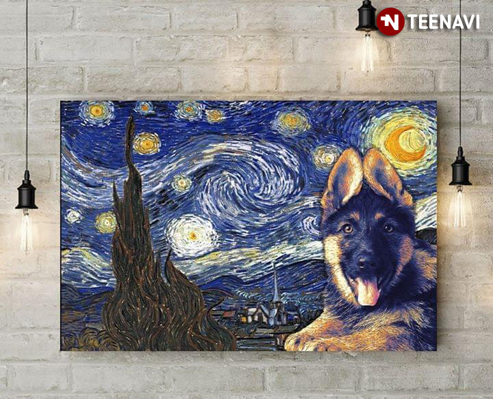 German Shepherd Showing His Tongue In The Starry Night Vincent Van Gogh