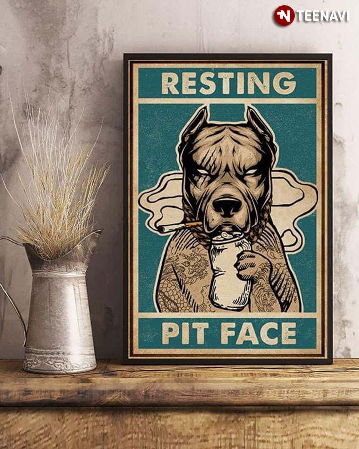 Vintage Pit Bull With Tattoos Smoking & Drinking Resting Pit Face