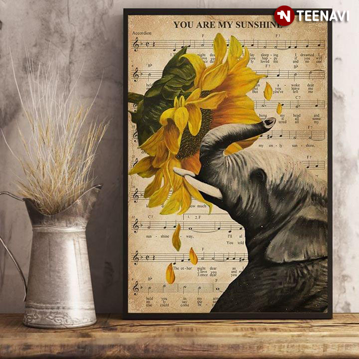Sheet Music Theme Adorable Elephant Smelling A Sunflower You Are My Sunshine
