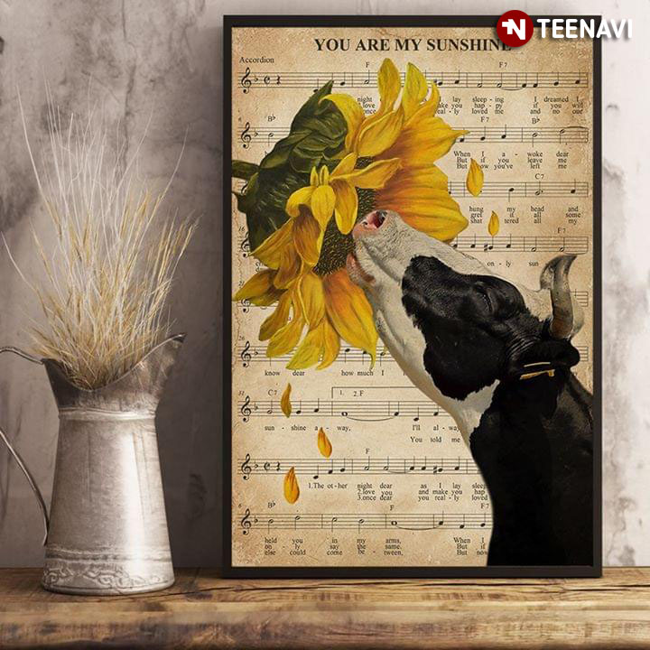 Sheet Music Theme Adorable Black & White Cow Smelling A Sunflower You Are My Sunshine