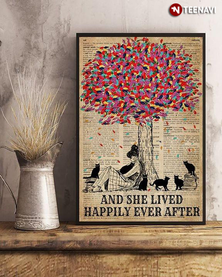 Dictionary Theme Vintage Girl Leaning Against Tree & Black Cats And She Lived Happily Ever After