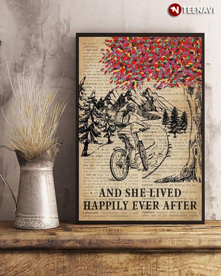 Vintage Dictionary Theme Female Mountain Biker Under Colourful Tree And She Lived Happily Ever After
