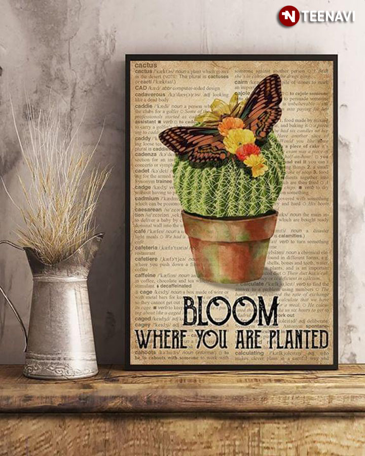 Vintage Dictionary Theme Cactus Pot & Butterfly Bloom Where You Are Planted