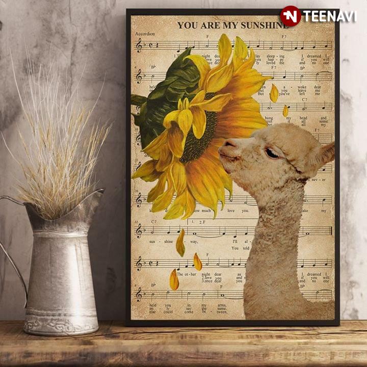 Sheet Music Theme Adorable Llama Smelling A Sunflower You Are My Sunshine