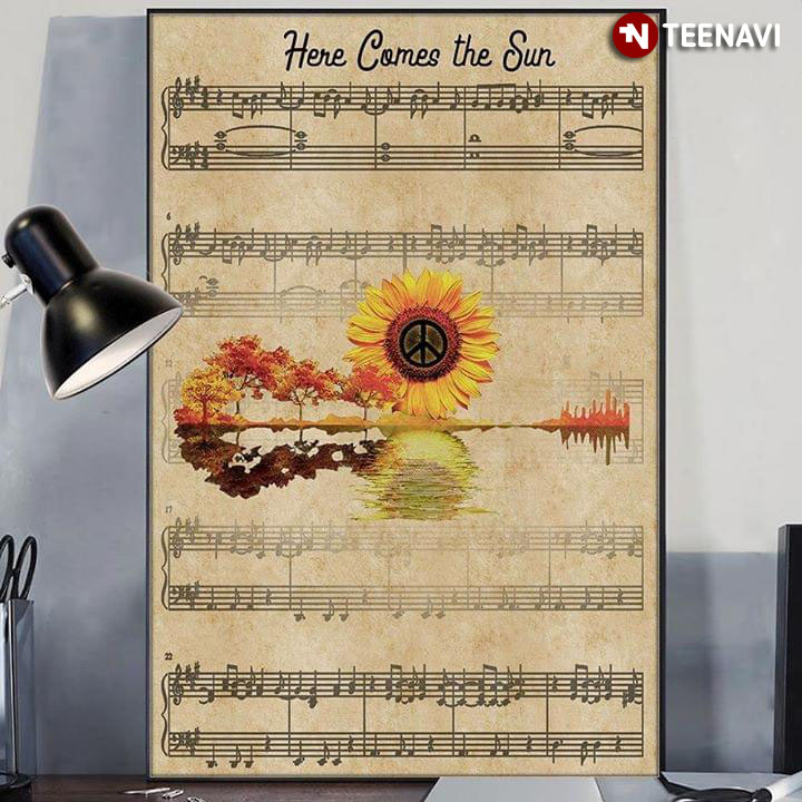 Sheet Music Theme Hippie Peace Sunflower & Guitar Lake Shadow Here Comes The Sun