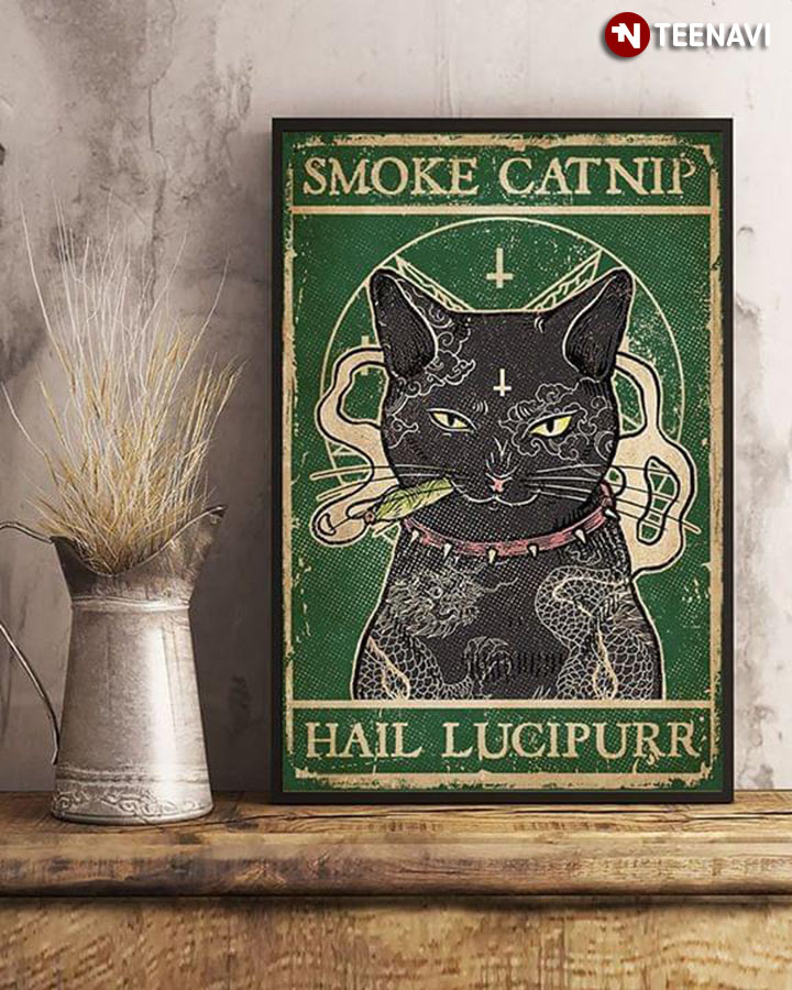 Green Version Vintage Smoking Black Cat With Tattoos Smoke Catnip Hail Lucipurr