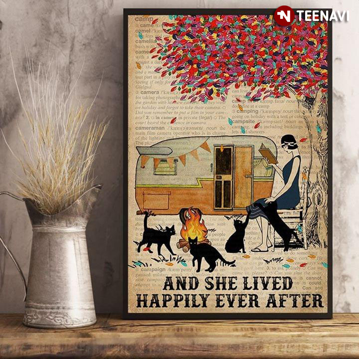 Dictionary Theme Vintage Camping Girl And Black Cats Under Colourful Tree And She Lived Happily Ever After