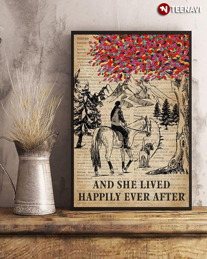 Vintage Dictionary Theme Woman Riding Horse & Dog Under Colourful Tree And She Lived Happily Ever After