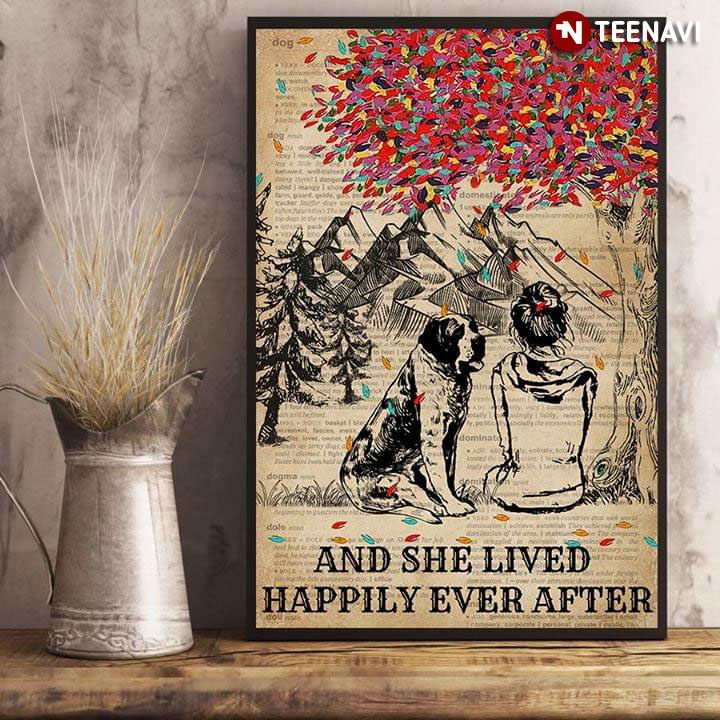 Vintage Dictionary Theme Woman & Saint Bernard Under Colourful Tree And She Lived Happily Ever After