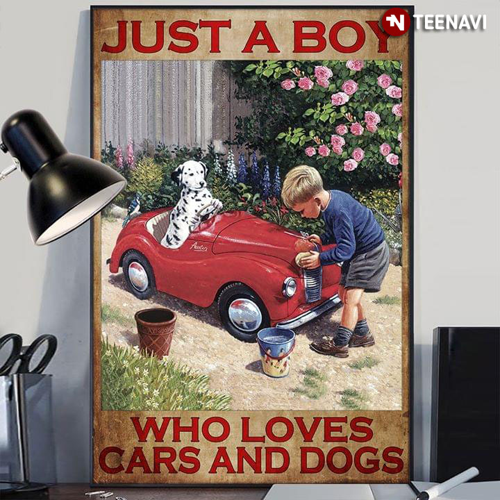 Vintage Little Boy With Car & Dalmatian Just A Boy Who Loves Cars And Dogs