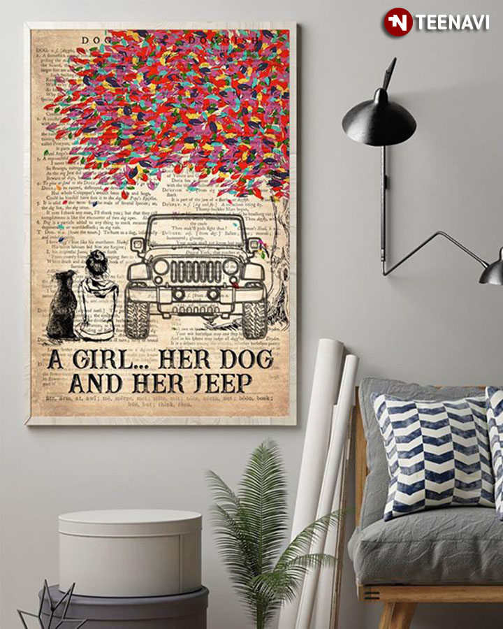 Dictionary Theme Vintage Girl Under A Colourful Tree A Girl Her Dog And Her Jeep