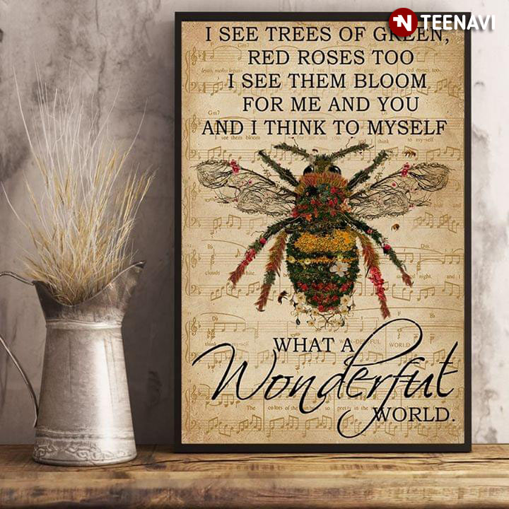 New Version Sheet Music Theme Floral Bee I See Trees Of Green, Red Roses Too