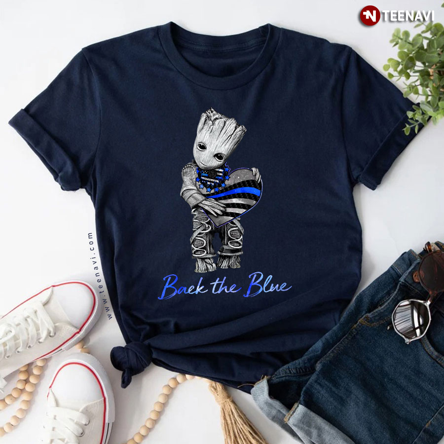 Groot Hugging Heart Flag Back The Blue The 4th Of July T-Shirt