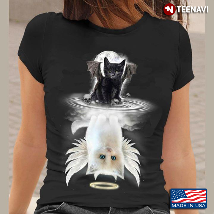 Black Cat And White Cat Angel Water Mirror Reflection