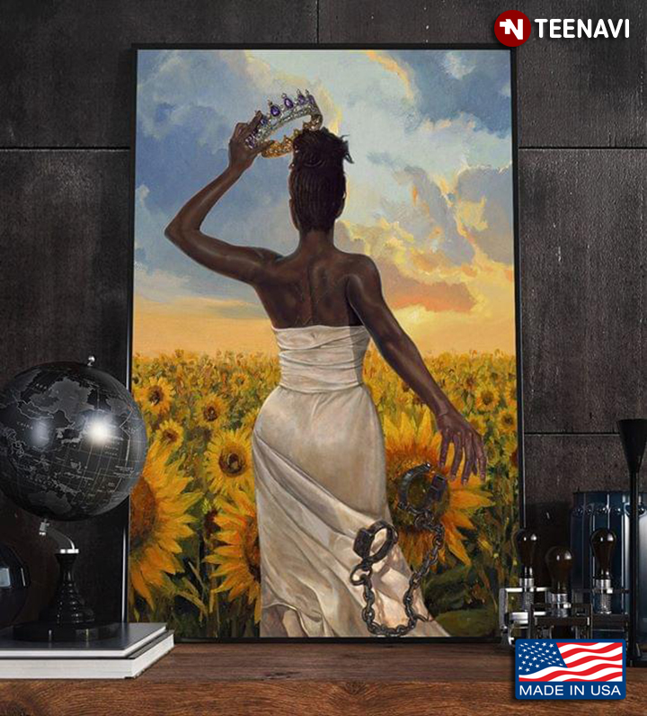 Vintage Black Woman In Sunflower Field Escaping Handcuffs And Putting On Crown