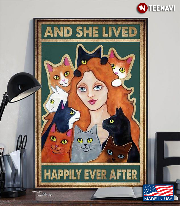 Vintage Girl With Cute Cats Around And She Lived Happily Ever After