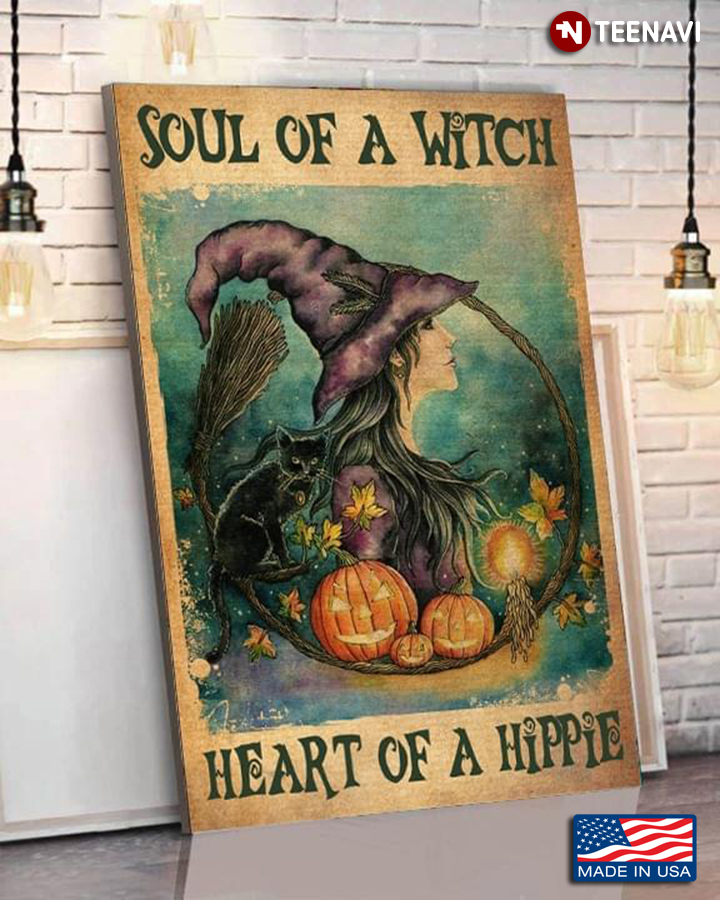Vintage Witch And Black Cat On Halloween Soul Of A Witch Heart Of A Hippie