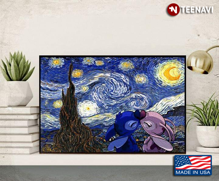 Disney Stitch And Angel Kissing In The Starry Night Vincent Van Gogh