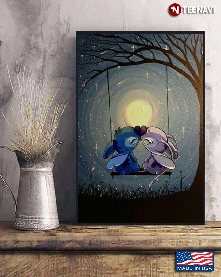 Romantic Disney Stitch And Angel Kissing On The Swing