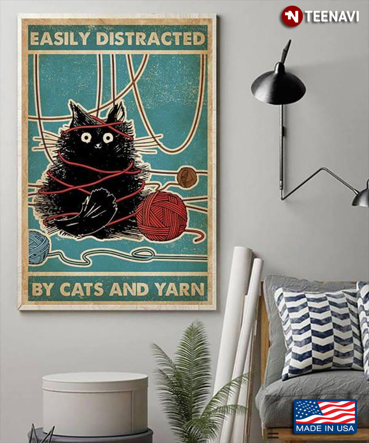 Vintage Black Cat And Wool Yarns Easily Distracted By Cats And Yarn