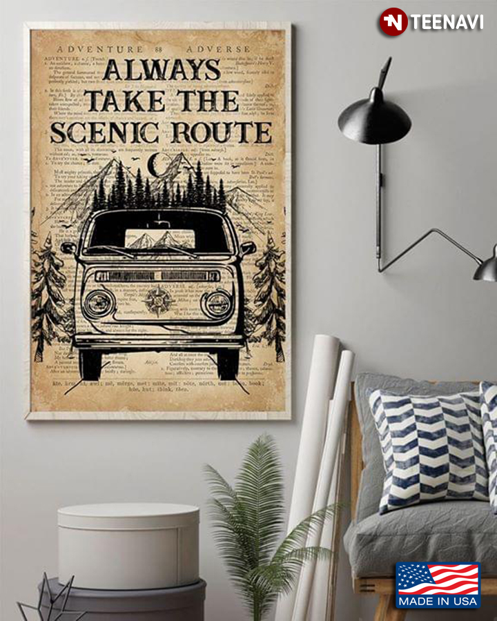 Vintage Dictionary Theme Camping Bus Always Take The Scenic Route