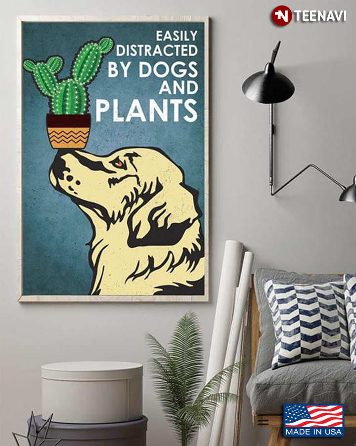 Vintage Golden Retriever & Cactus Pot Easily Distracted By Dogs And Plants