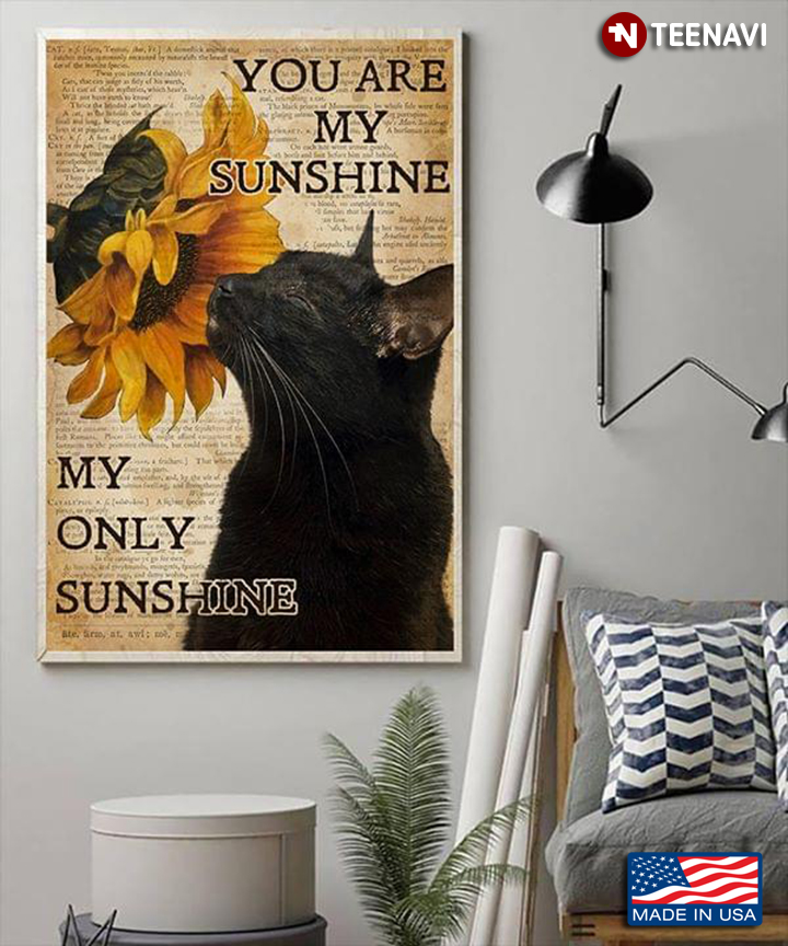 Vintage Newspaper Theme Adorable Black Cat Smelling A Sunflower You Are My Sunshine My Only Sunshine