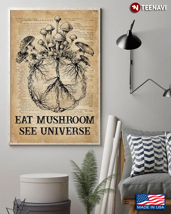 Vintage Dictionary Theme Mushrooms With Hippie & Peace Sign Eat Mushroom See Universe