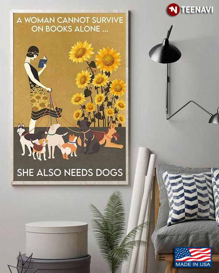Vintage Girl Reading Book & Dogs With Sunflowers A Woman Cannot Survive On Books Alone