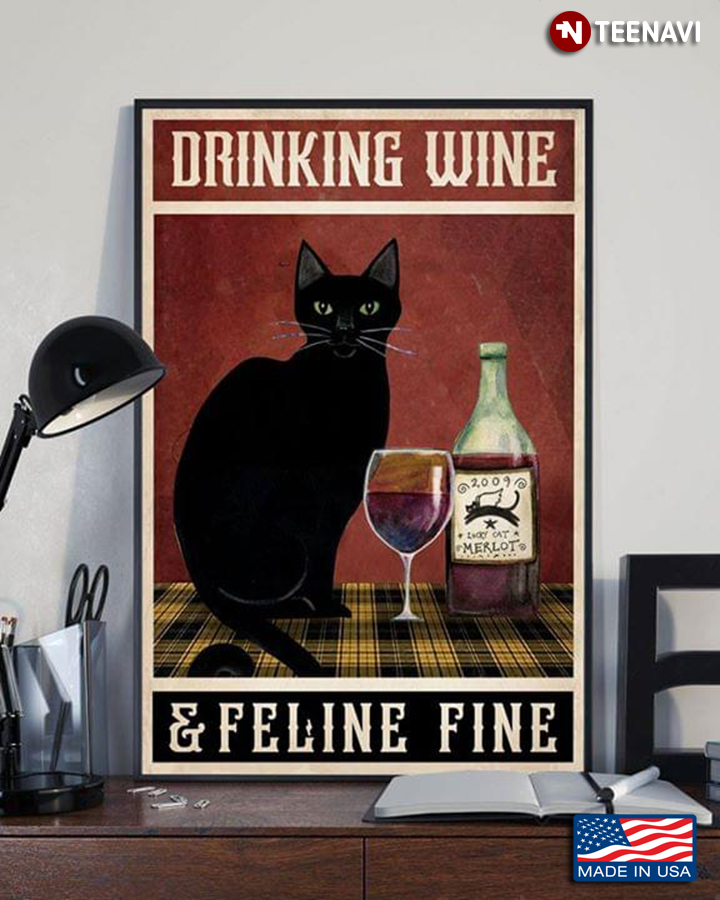 Vintage Black Cat Drinking Wine & Feline Fine