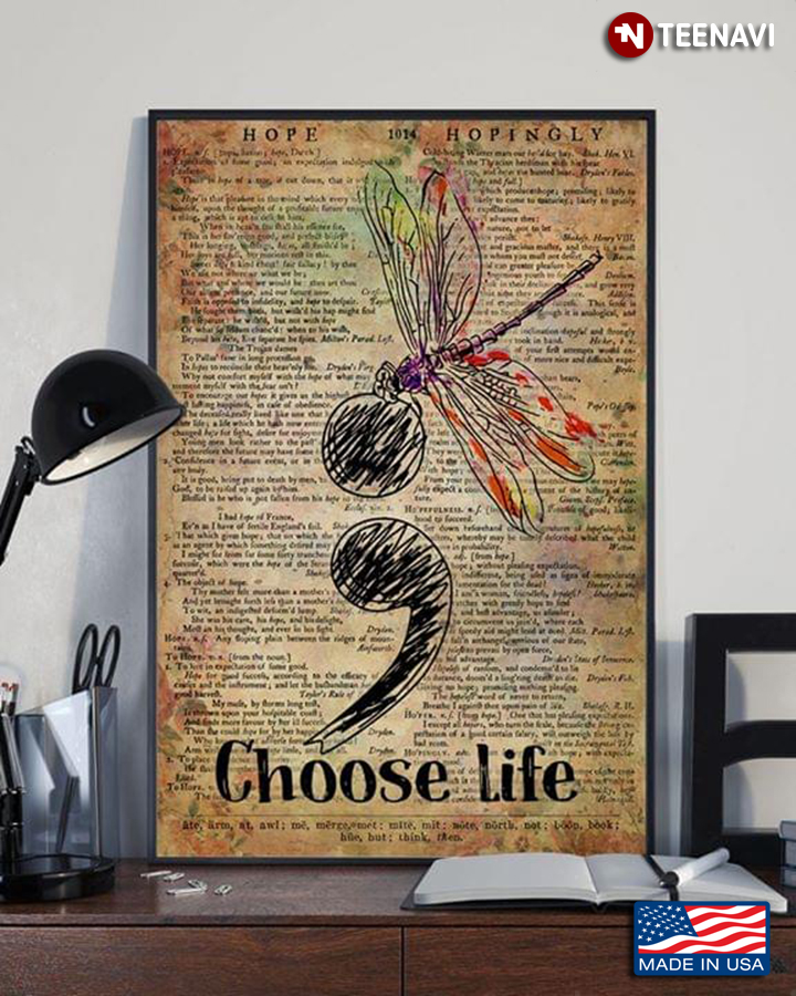 Vintage Dictionary Theme Suicide Loss Awareness Semicolon & Dragonfly Choose Life