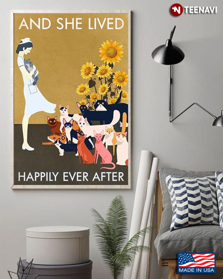 Vintage Nurse With Sunflowers & Cats Around And She Lived Happily Ever After