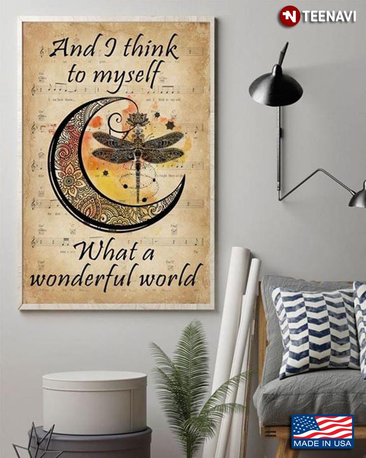 Vintage Sheet Music Theme Dragonfly, Lotus & Crescent Moon And I Think To Myself What A Wonderful World