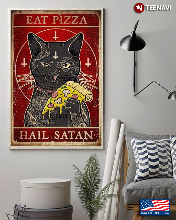 Vintage Black Cat Eat Pizza Hail Satan