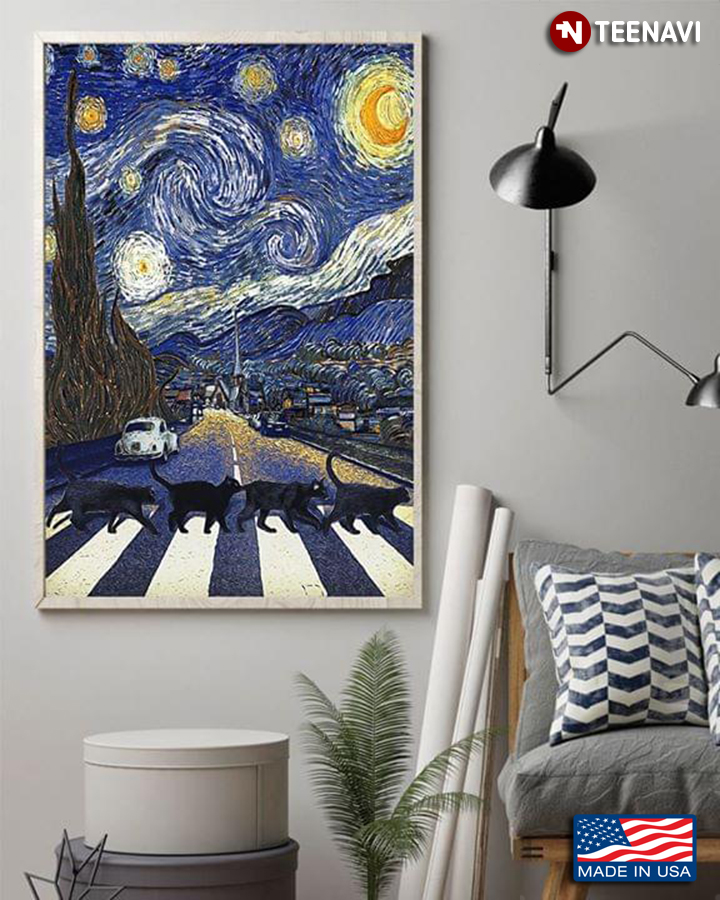 Black Cats Walking Across The Road In The Starry Night Vincent Van Gogh