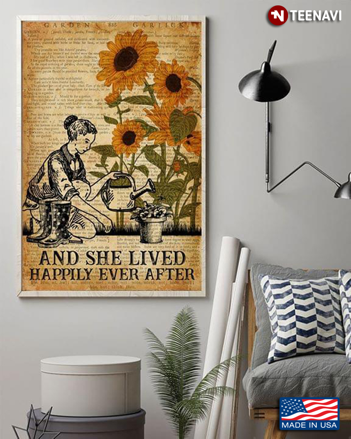 Vintage Dictionary Theme Girl Watering Sunflowers & Plant And She Lived Happily Ever After