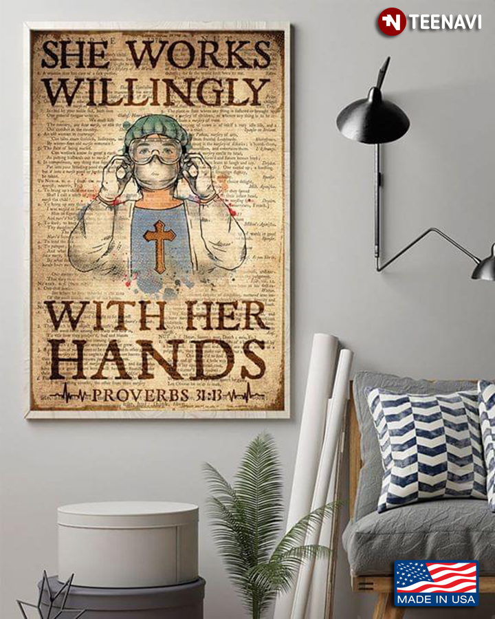 Vintage Dictionary Theme Nurse Wearing Medical Mask Proverbs 31:13 She Works Willingly With Her Hands
