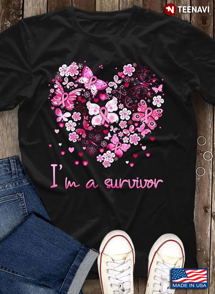 Heart Pink Butterfly Flower And Ribbon I'm A Survivor