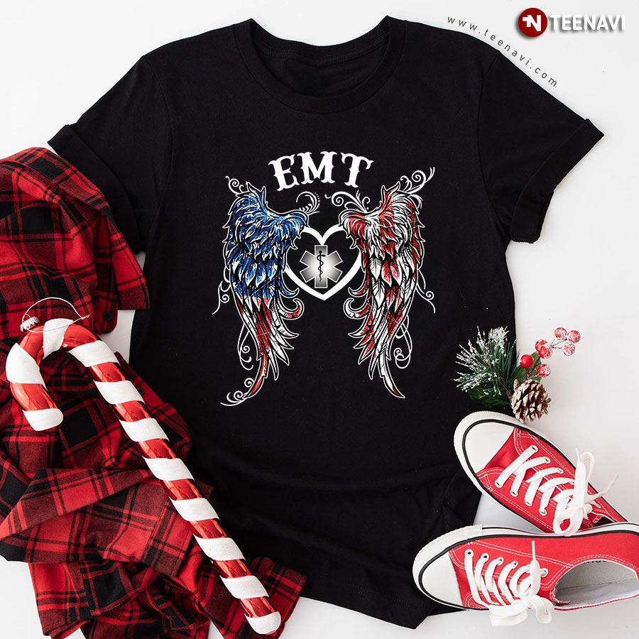 EMT With American Flag Angel Wings T-Shirt