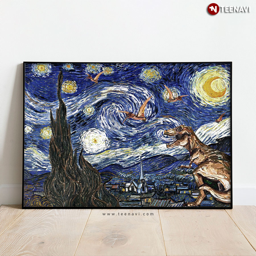Dinosaurs In The Starry Night Vincent Van Gogh Poster